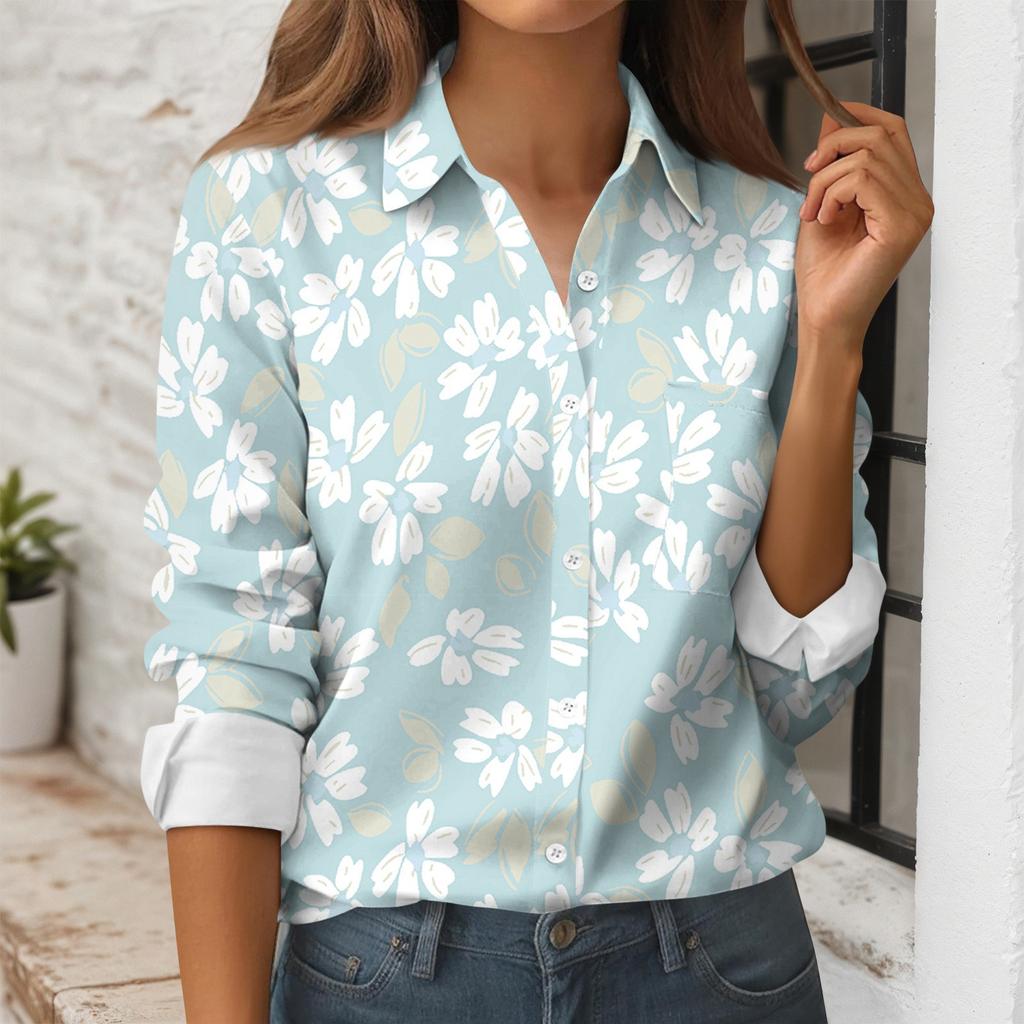 Women's Button Down Prints Shirt Long Sleeve Shirt Business Work Tops Casual With Pockets Jacket