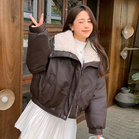 Fleece thickened short leather jacket lamb wool pu cotton clothes women's European and American coats winter new zipper hooded leather cotton clothes