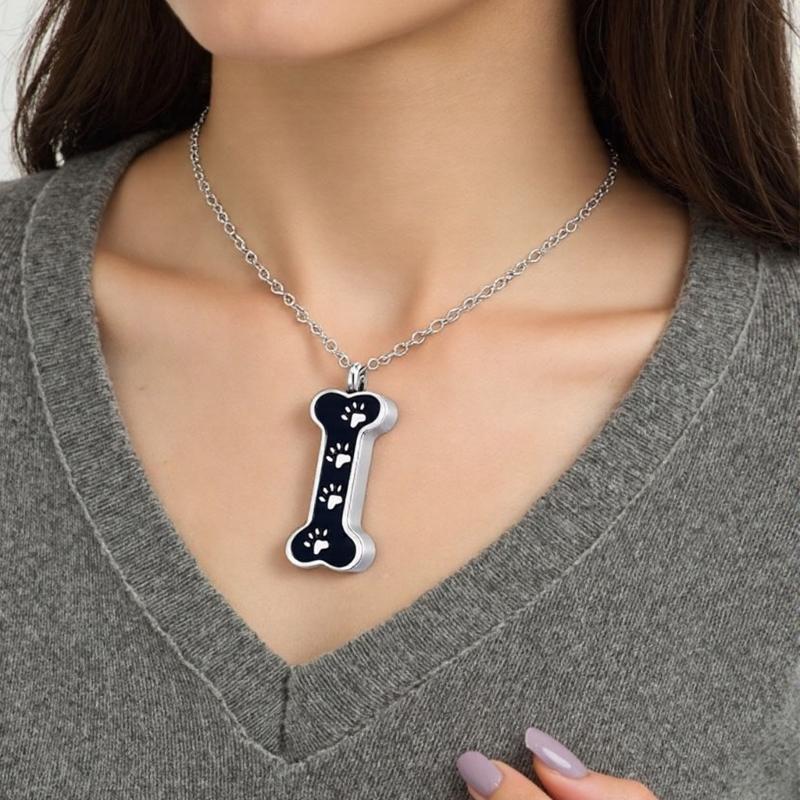 2Pieces Pet Memorial Urn Pendant Necklace with Bone Shape and Paws Print Design Ashes Holders for Valued Memory