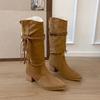 Retro style~ thick heel white heightening pile boots women's twist belt design but knee high boots pointed western boots