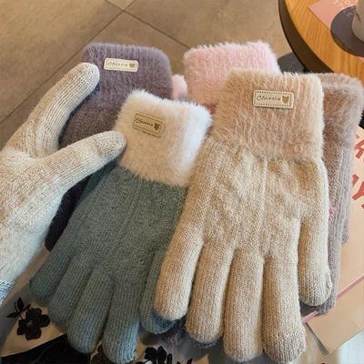 Knitted High Elasticity Warm Gloves for Women Korean Fashion Thickened Warm Gloves with Fingers Electric Bike Riding Work Gloves