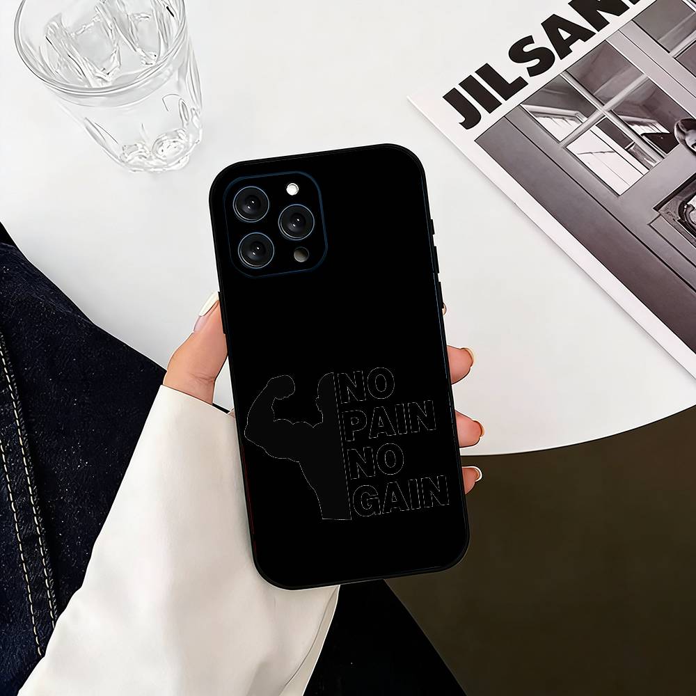 No Pain No Gain Gym Phone Case For iPhone 17,16,15,14,13,12,11 Plus,Pro Max,XS,Soft Silicone Black Cover