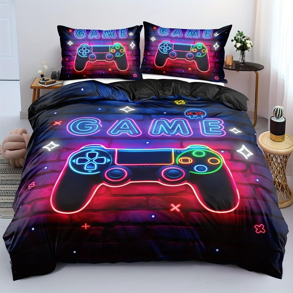 3-Piece Game Controller Duvet Cover Set Cartoon Gaming Print  Breathable All-Season Comfort  1 Duvet Cover 2 Pillowcases