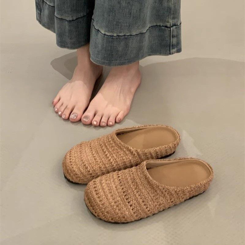New Woven Bag Head Half Slippers Women's Versatile Casual Flat Women's Shoes