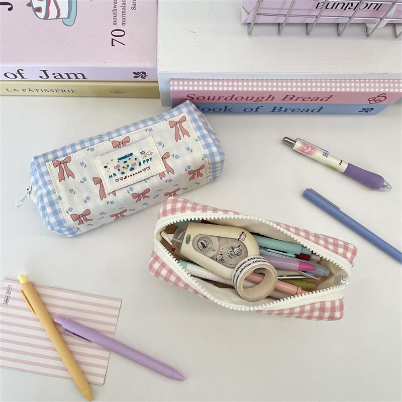Sweet Cute Splicing Plaid Bow Pencil Case Portable Large Capacity Student Stationery Storage Bag Pen Bag Girly Cosmetic Bag Gift