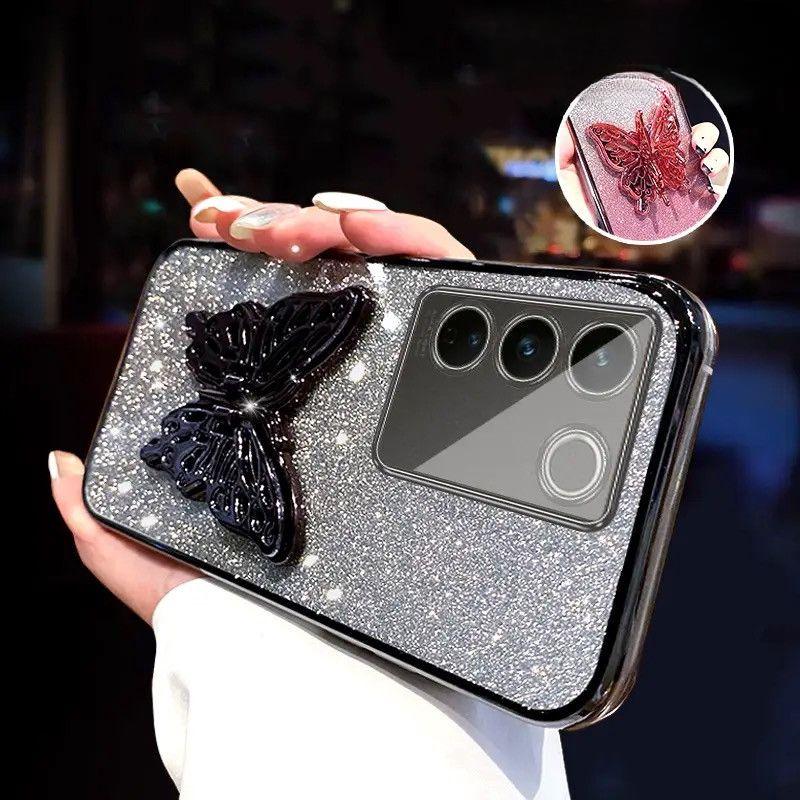 3D Butterfly Phone Holder Crystal Bracelet Glitter Plating Case for Samsung Galaxy A14 A24 A34 A54 A15 A25 A35 A55 4G 5G Cover