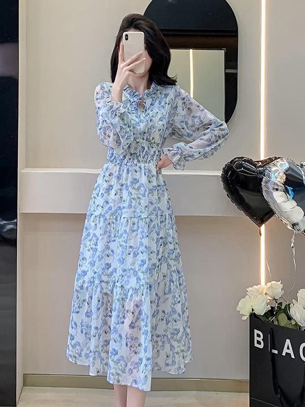 Korean Ruffle Rose Dress: Elegant Waist-Slimming Long Dress with French Sweet Ruffle Edges.