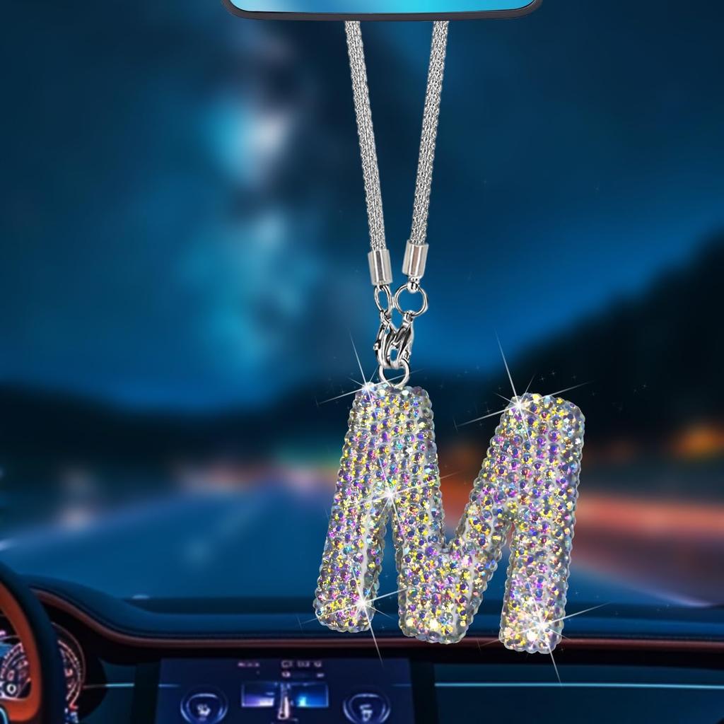 A Shape Bling Crystal Pendant Car Accessories for Women, Hanging Cute Rhinestone Rear View Mirror Accessories, Charm Interior Car Decorations for