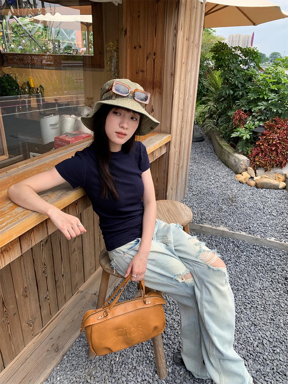 Yuyi 2025 Summer Women s Distressed Straight-Leg Retro Jeans Large