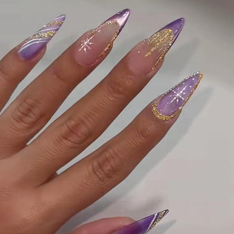 Dream purple cat's eye French fine flash snow European and American style removable 24 pieces press on nails