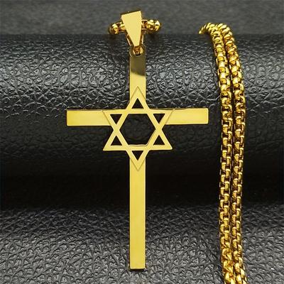 Personalized Fashionable Smooth-surface Stainless Steel Hollow Six-pointed Star Cross Necklace