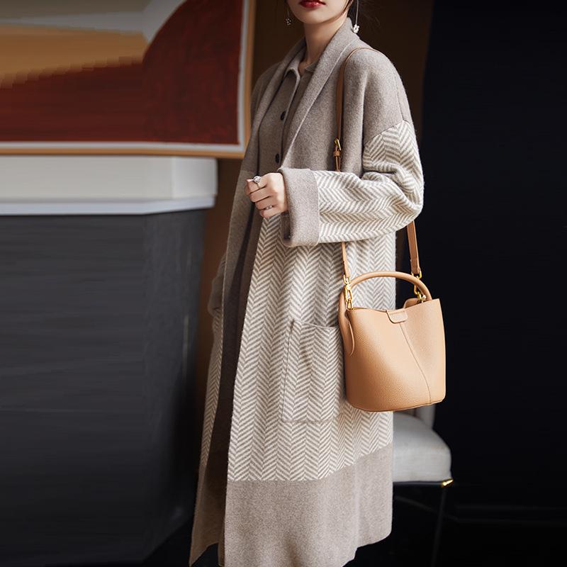 Dámský extra dlouhý zahuštěný kardigan s klopami 100% vlněný svetr šál - Volné podzimní/zimní pletené zboží.