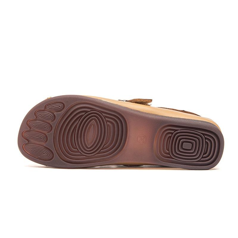Summer New Flat Heel Beef Tendon Soft Sole Mother Sandals Hollow Breathable First Layer Cowhide Retro Hole Women's Shoes