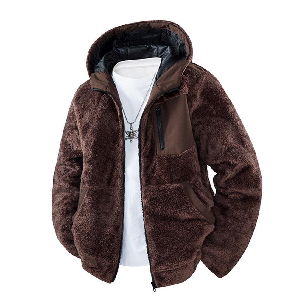 Men's Stand Collar Hooded Lambskin Casual Jacket Cardigan Coat Outdoor Tops