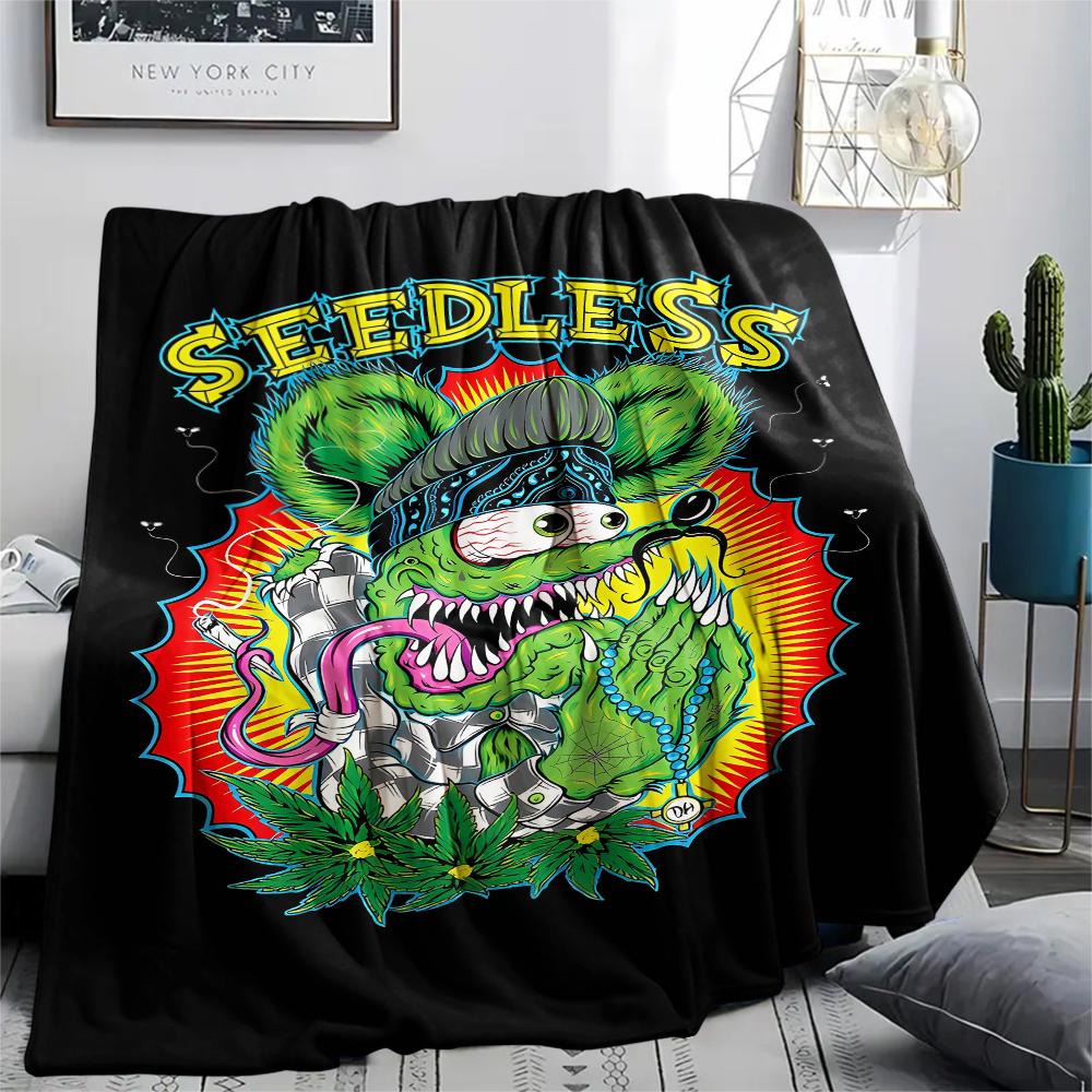 1PC Rat Fink Print Flannel Blanket, High Quality All Seasons, Home Decor, Warmth and Comfort, Perfect for Christmas Gifts