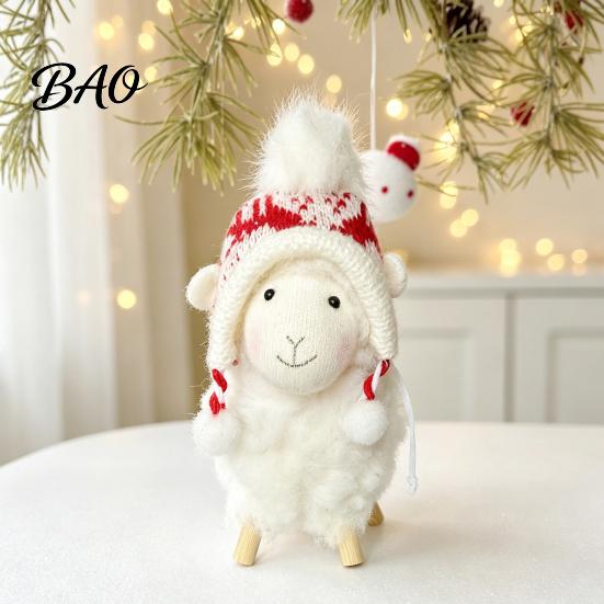 Nordic Style Holiday Decor Plush White Sheep Christmas Ornament, Cute Knit Hat Lamb Tabletop Decoration, Soft Handmade Fabric Ornaments Hanging