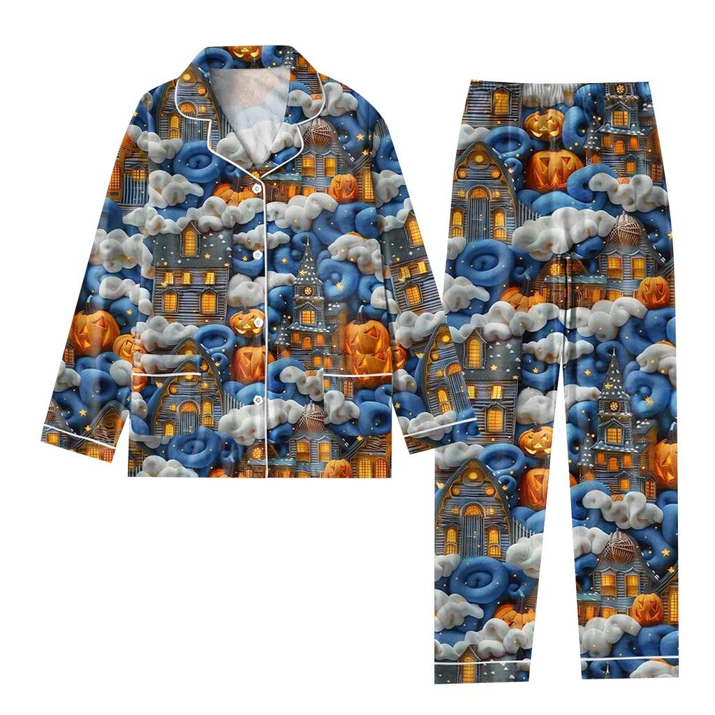 2-teiliger bedruckter Damen-Anzug, langärmelig, Oberteil mit Knopfleiste, weite Hosen, Anzug-Set, Schlafanzug, Home-Casual-Anzug