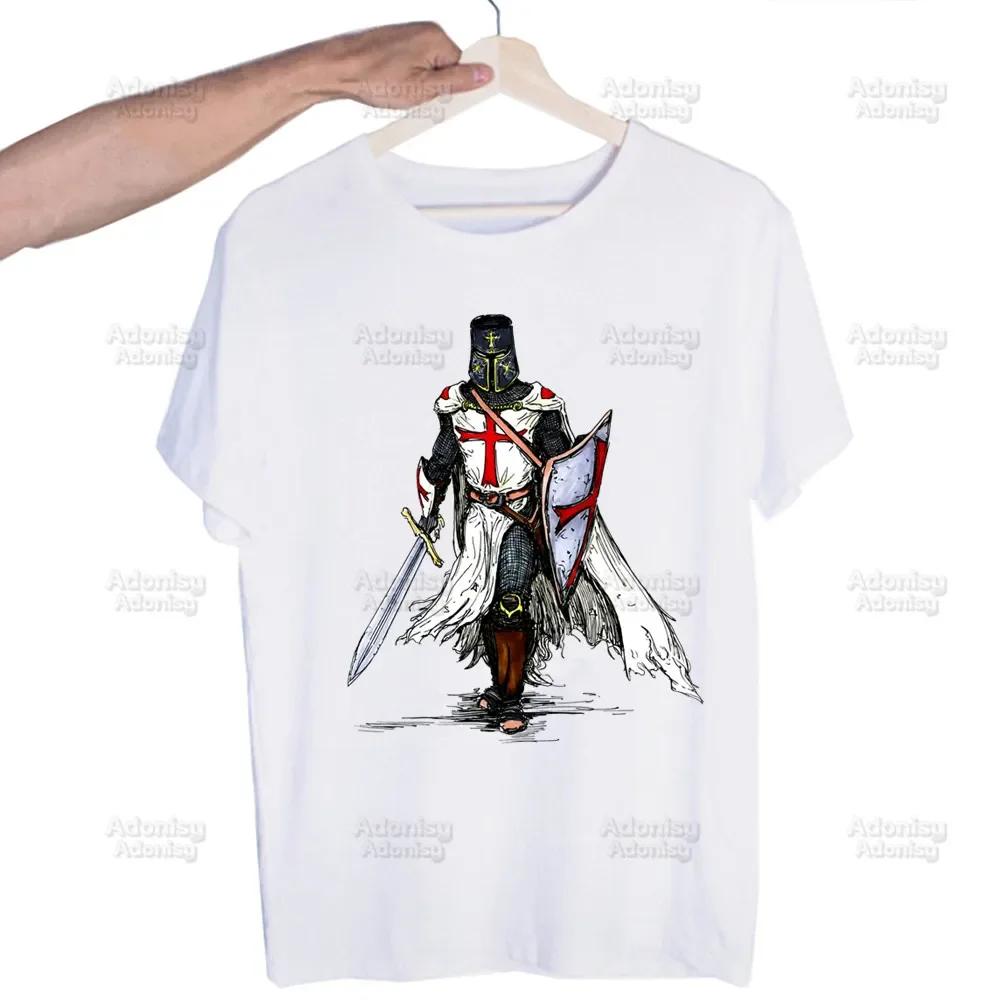 Medieval Knights Templar Printed T Shirt Men Retro Washed Tops Tees Harajuku Tshirt Streetwear Hip Hop Male T-shirts