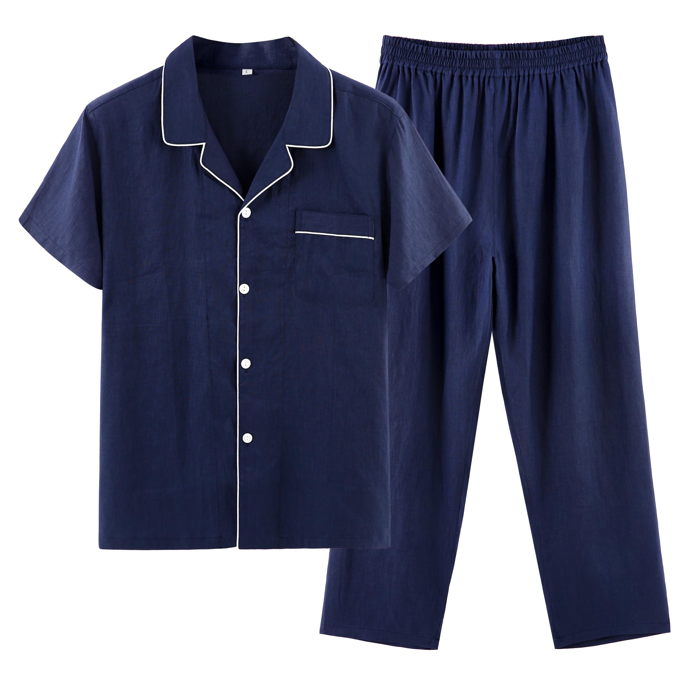 

RAKUYUME Летний Премиум Лен Короткий Открытый Верх и Низ Льняной Длинный Эластичный Комплект Мужская Пижама, 100% Домашняя одежда, Рукава, Перед, Комплект, Влагоотводящий,