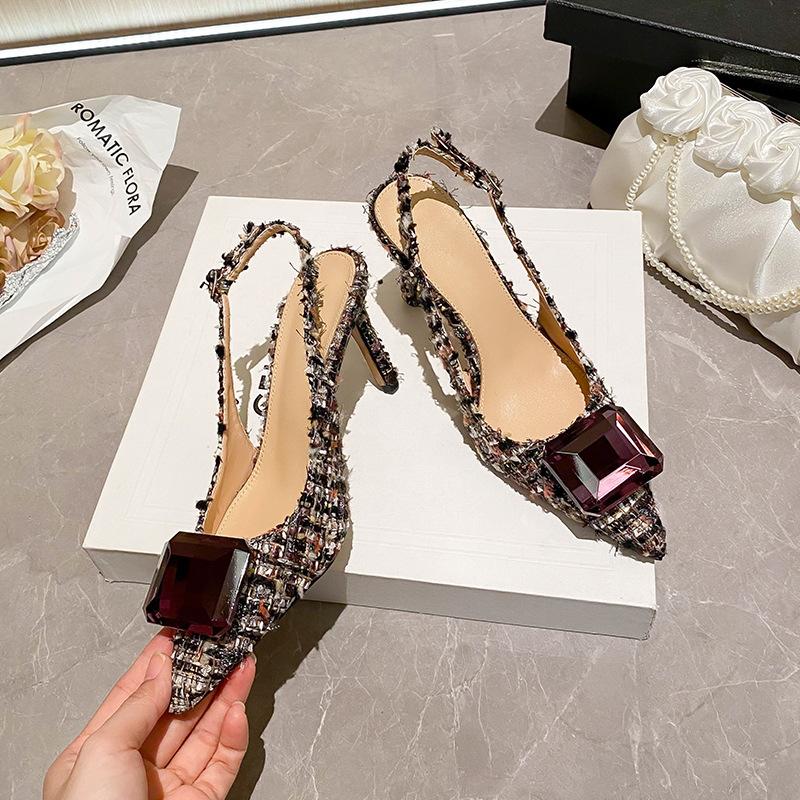 

YX шпилька французский маленький ароматный ветер сумка голова сандалии женские 2025 осень новый темперамент острый носок пустые одинарные туфли твид 35