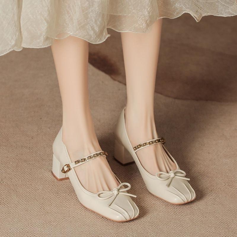 

Весенний темперамент одинарная обувь женская бант высокие каблуки высококлассный толстый каблук квадратный носок слово с Мэри Джейн ретро 34