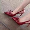 High heels women's summer 2025 new sexy pointed head burgundy bow bag head thin heel French sandals women
