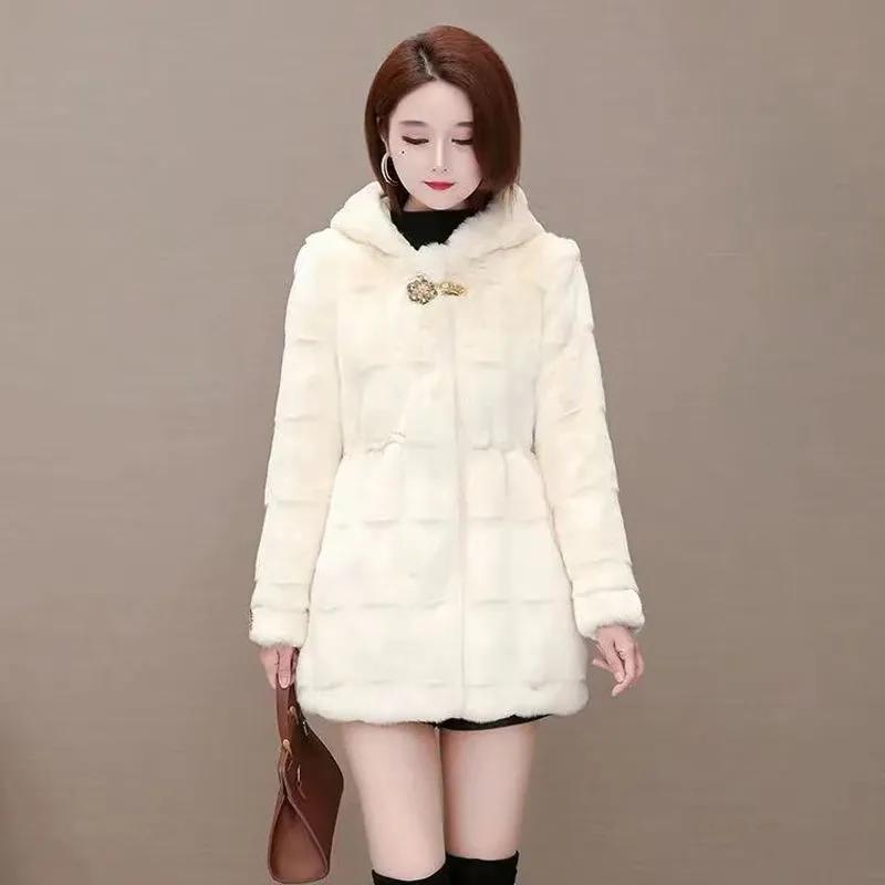 Imitation Mink Fleece Fur Coat Mother's Winter Warm Cotton Coat Mid-length Fashion Hooded Thick Coat