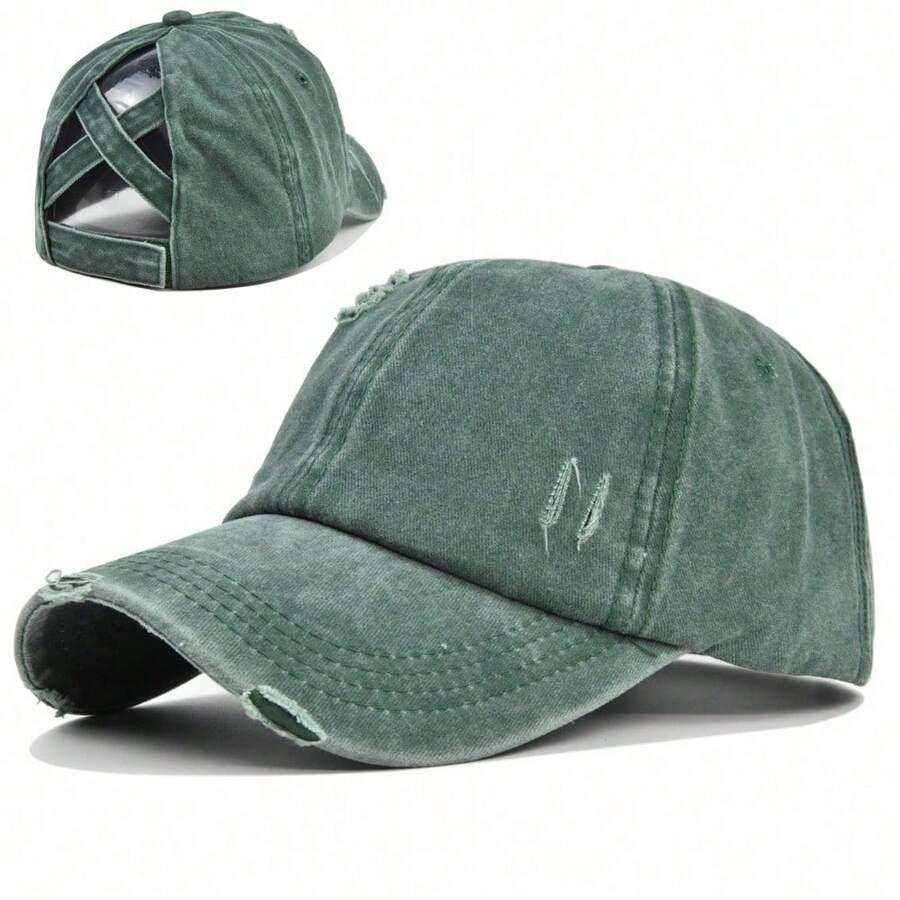 Vintage Washed Distressed Denim Baseball Cap With Criss Cross Ponytail Hole For Women