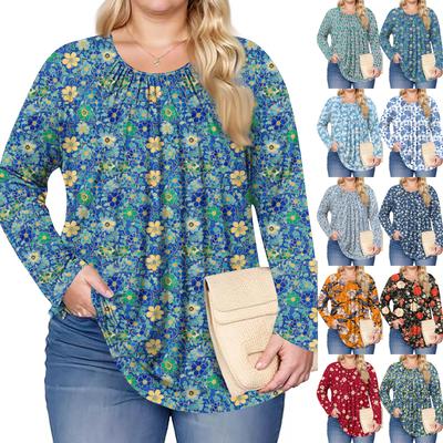 Moda para Mujer Talla Grande Estampado Casual Plisado Cuello Redondo Manga Larga