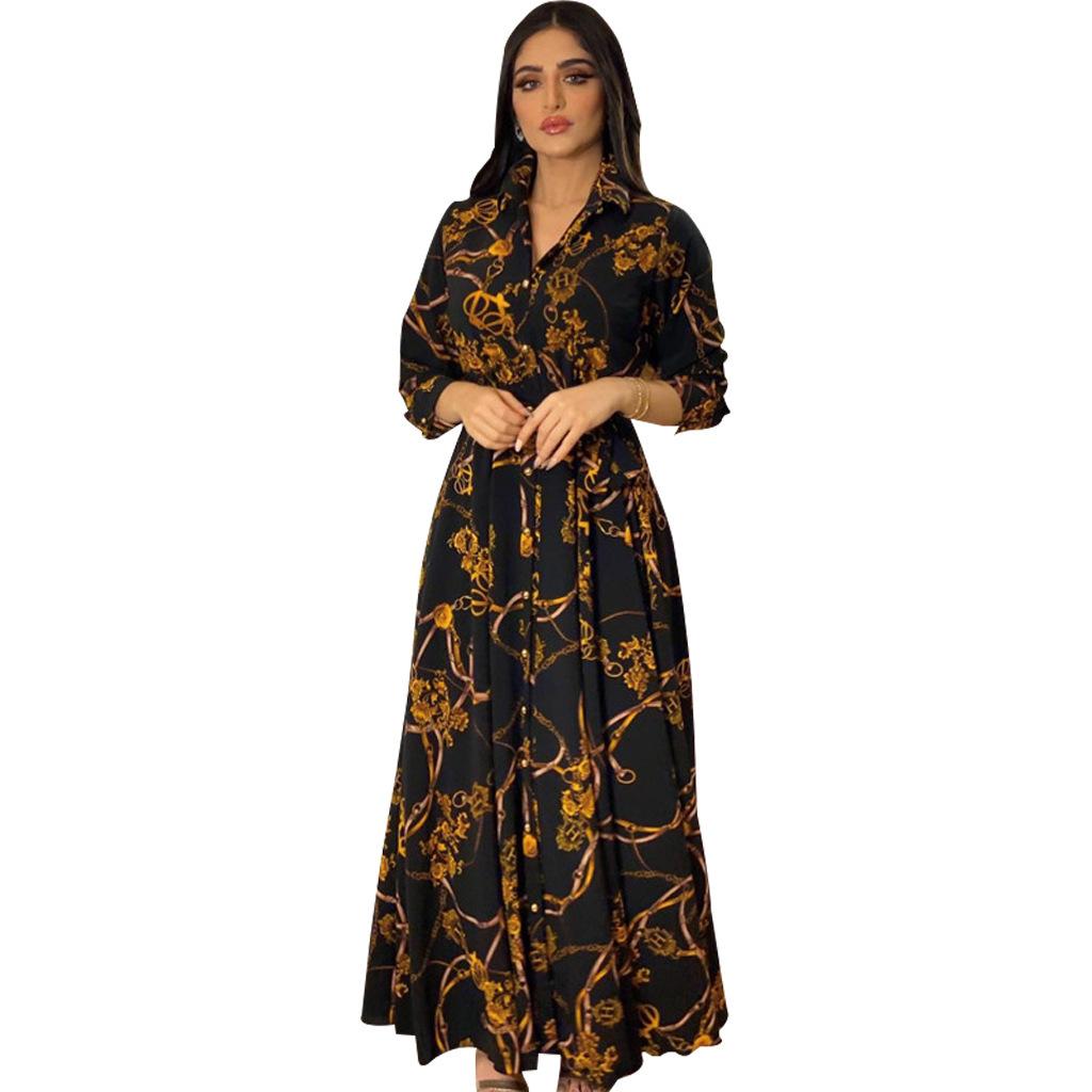 Women's Spring Long Sleeve Dress Printed Muslim Clothing Dress