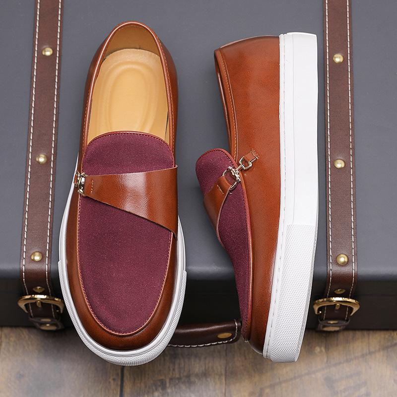 Leather shoes men's metal horse buckle loafers British one-pedal board shoes men's platform retro casual beanie shoes