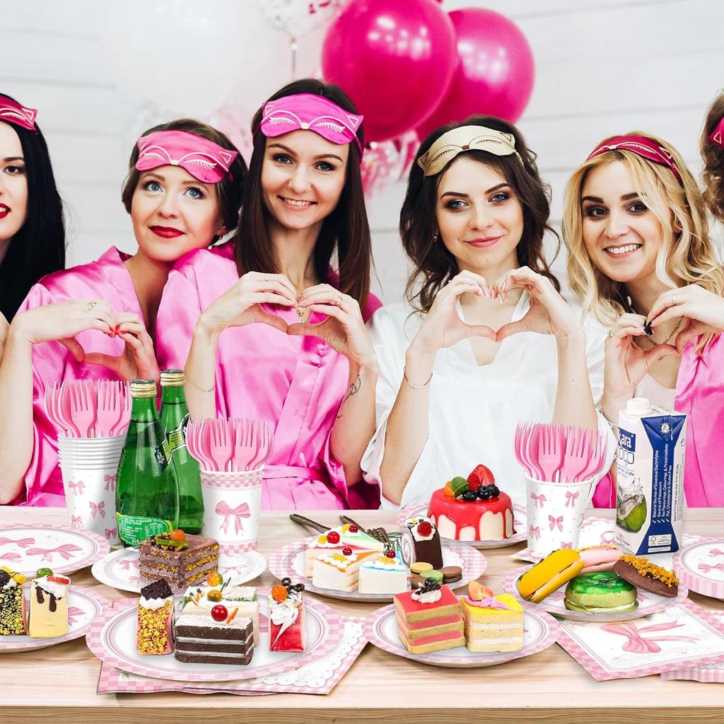 150pcs Pink Bow Party Supplies Bow Birthday Plates Napkins Paper Cup Fork Bow Birthday Decorations for Girl Bachelorette Bridal Engagement Coquette