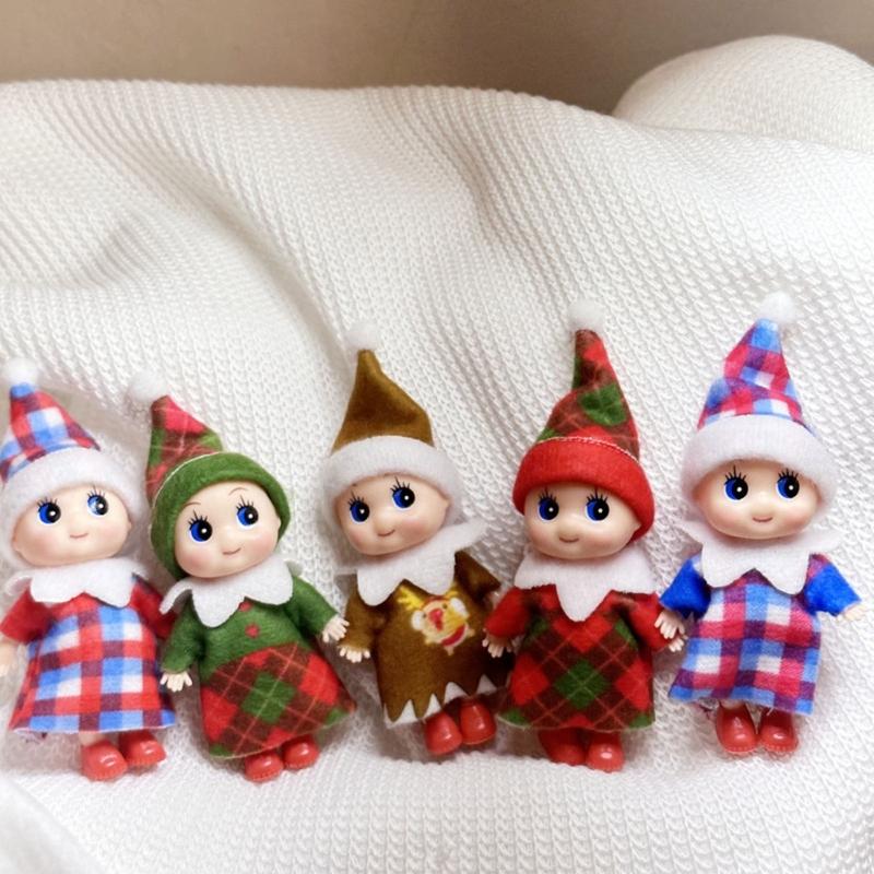 Holiday Baby Elf Miniature Doll with Plaids Accessories For Home Office Christmas Decors Festives Desktop Shelf Display