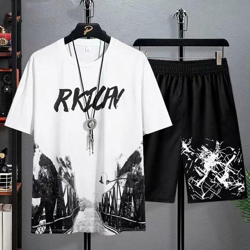 Men's Casual Sport Ice Silk Suit Printed Sweatshirt Sweatpants Outdoor Jogging Sports Basketball Training Fitness 2 Piece Suit