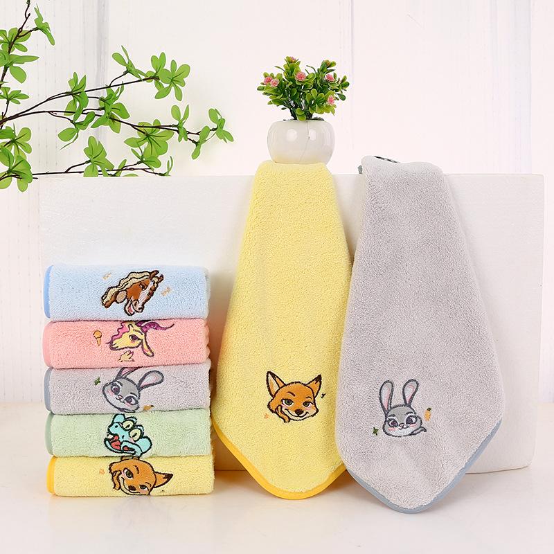 Cartoon Rabbit & Fox Embroidered Coral Fleece Towel for Kids - Absorbent & Quick-Drying