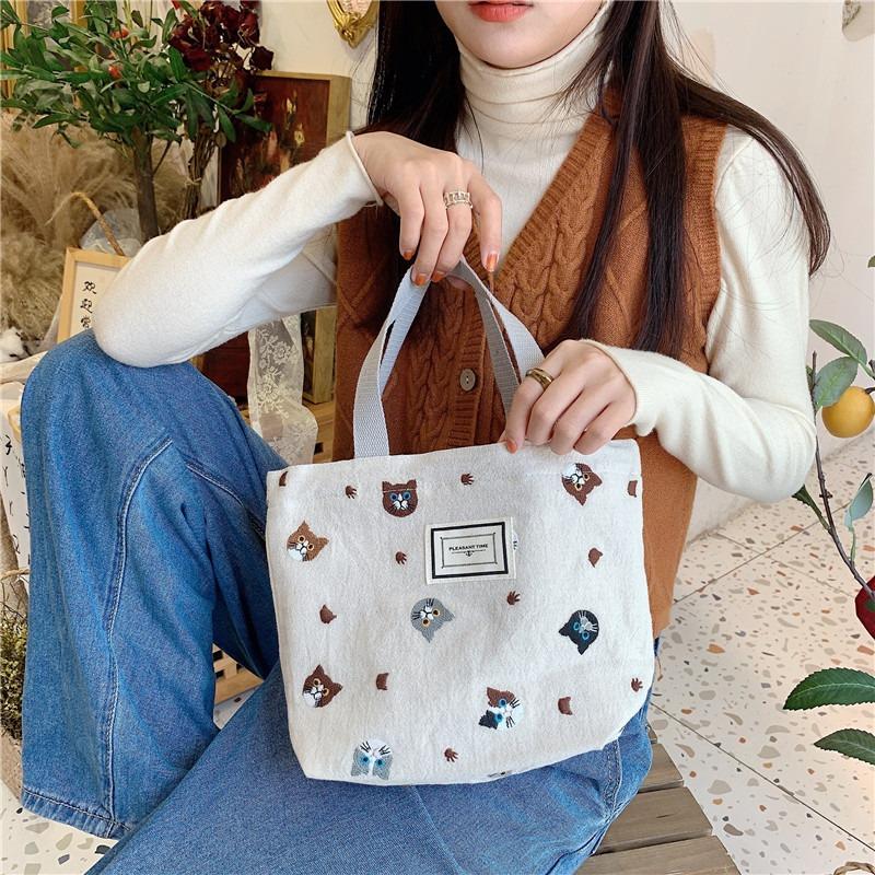 12 Embroidered Cat Handbag Literary Cute Bento Bag To Work Students Carry Small Cloth Bags