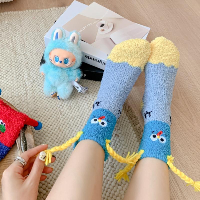 Cartoon Sausage Dog Coral Fleece Socks For Women Middle Tube Thickened Sleep Socks Home Floor Socks