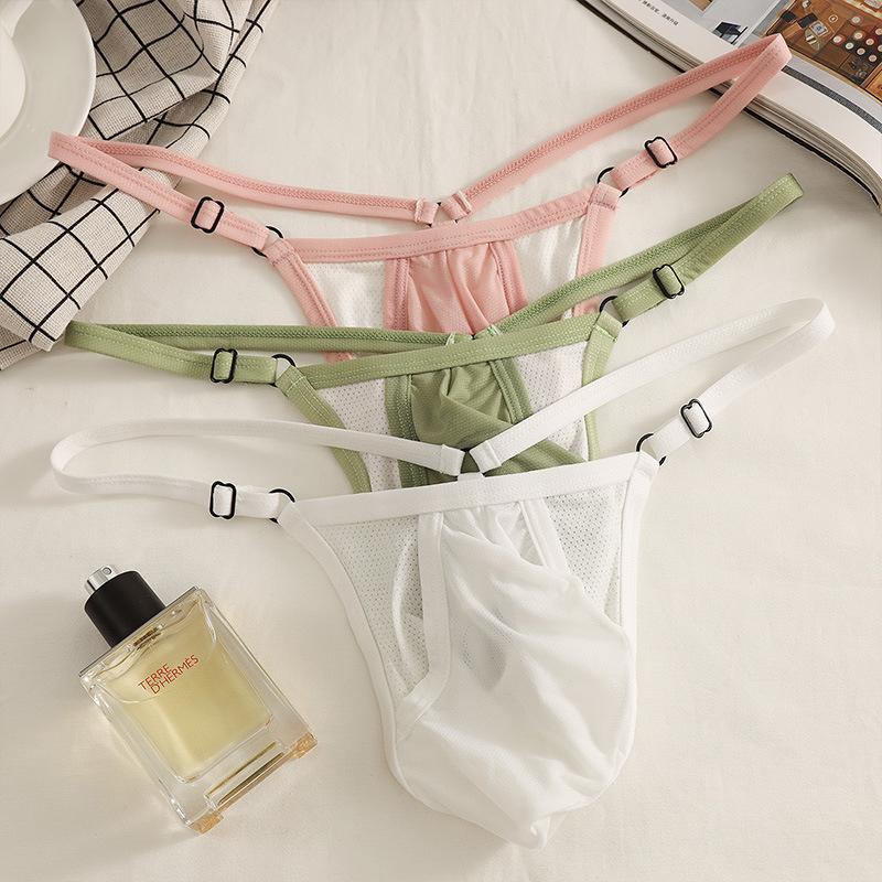 Erotic Mens Underwear Ice Silk Gay Sexy Low-rise T Back Thong Ultra-Thin Elastic Bulge Pouch Hollow Breathable Backless G-string