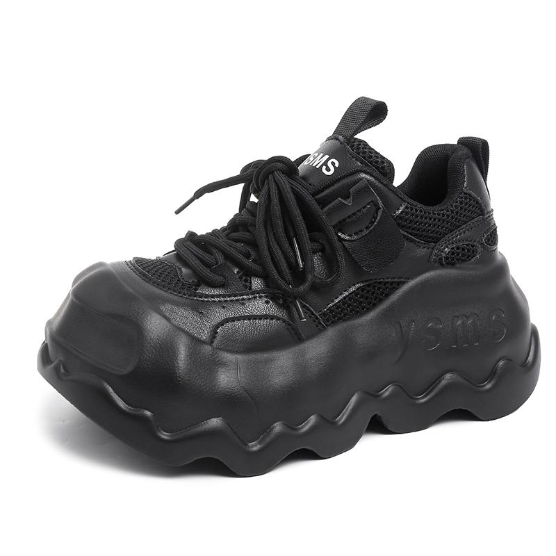 

8.5CM Women Casual Sports Shoes Heels High Platform Sneakers Wedge Height Increase Footwear Leather White Comfy Chunky Sneakers 35