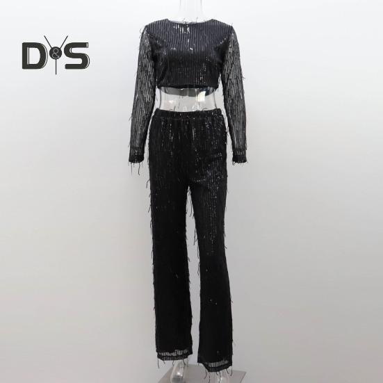 2Pcs/Set Women Tassel Sequin Party Outfit Set O Neck Long Sleeve Cropped Tops High Waist Wide Leg Long Pants Set