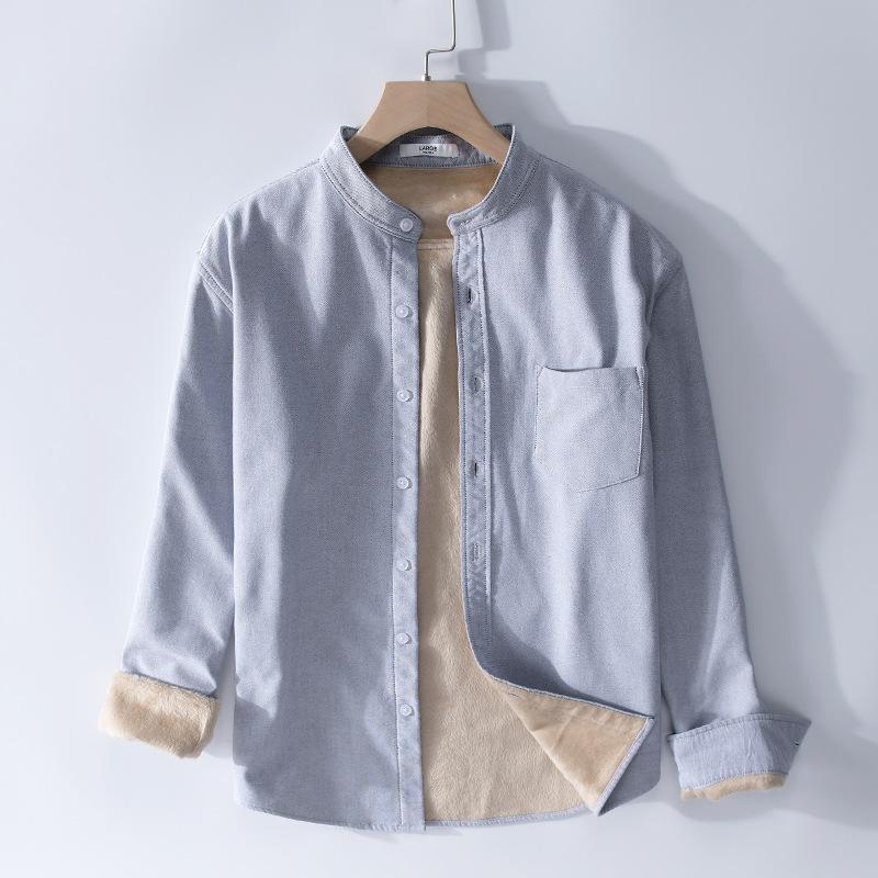 Winter Warme Herrenbekleidung Koreanischer Stil Langarm Oxfordhemden für Herren Täglich Lässig Stehkragen Einfarbig Fleecehemd mit Tasche
