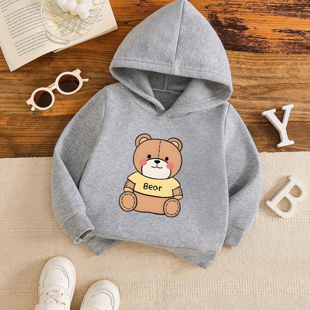 Trendy & Cute Bear-Print Boys' Fleece-Lined Hoodie – Stylish, Comfortable, and Versatile for Autumn & Winter (Outdoor-Ready)