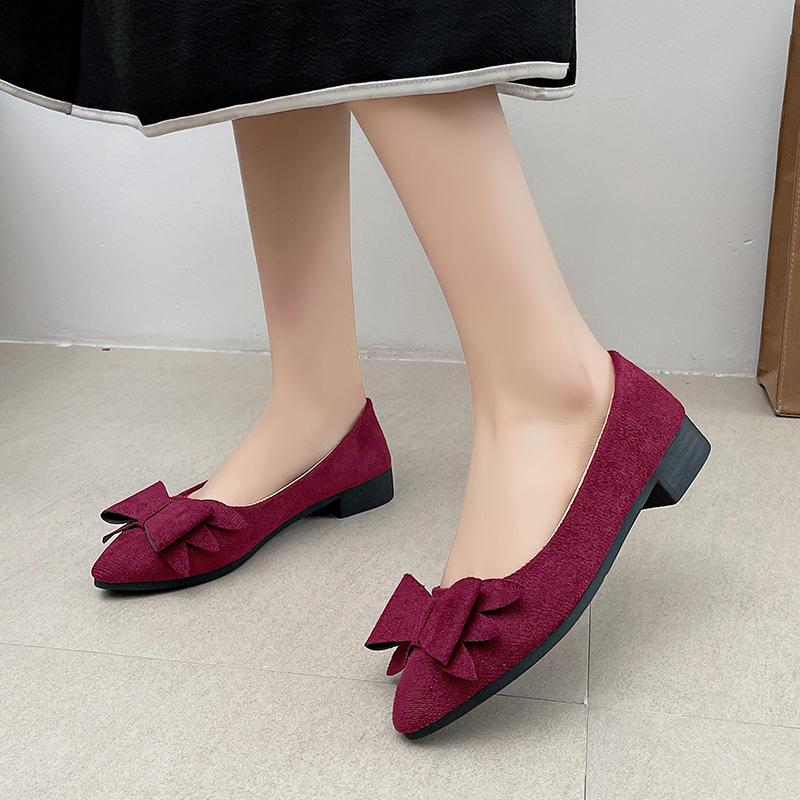 Women Big Bow Flats Fuchsia Antiskid Square Toe Shoes for Wide Feet Flock Chaussure In Green Khaki Ballet Slip-On Red