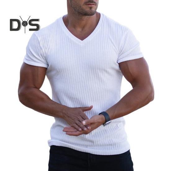 Tricou cu mânecă scurtă pentru bărbați, cu decolteu în V, pentru fitness, cu dungi sportive, de culoare uni, Tricou, îmbrăcăminte de gimnastică respirabilă, pentru sport, călătorii, birou