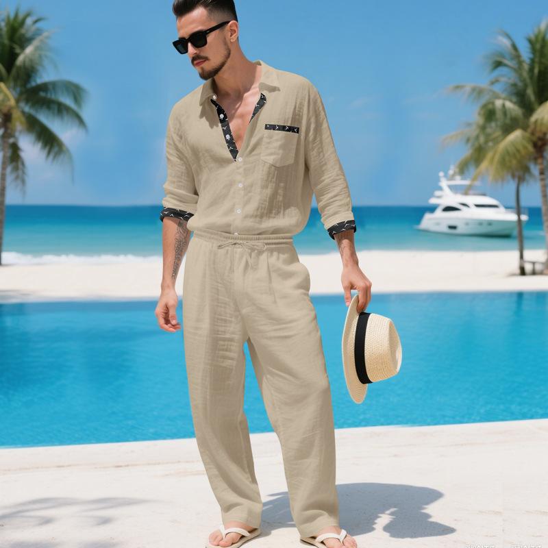 Men's Linen Two Piece Set Long Sleeve Shirt and Relaxed Pants Minimal Holiday Casual Outfit