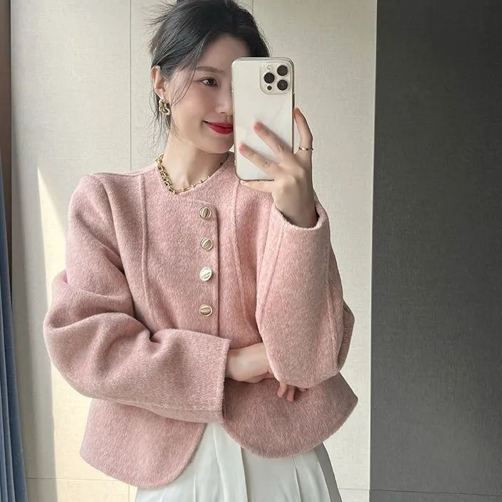 Women Wool Coat Single Breasted Round Neck Design Fashion Winter Trench Jacket