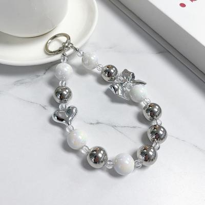 Silver Bowknot Heart Beaded Phone Chain Vintage Peach Heart Fresh Anti-drop Clip Transparent Card Keychain Lanyard