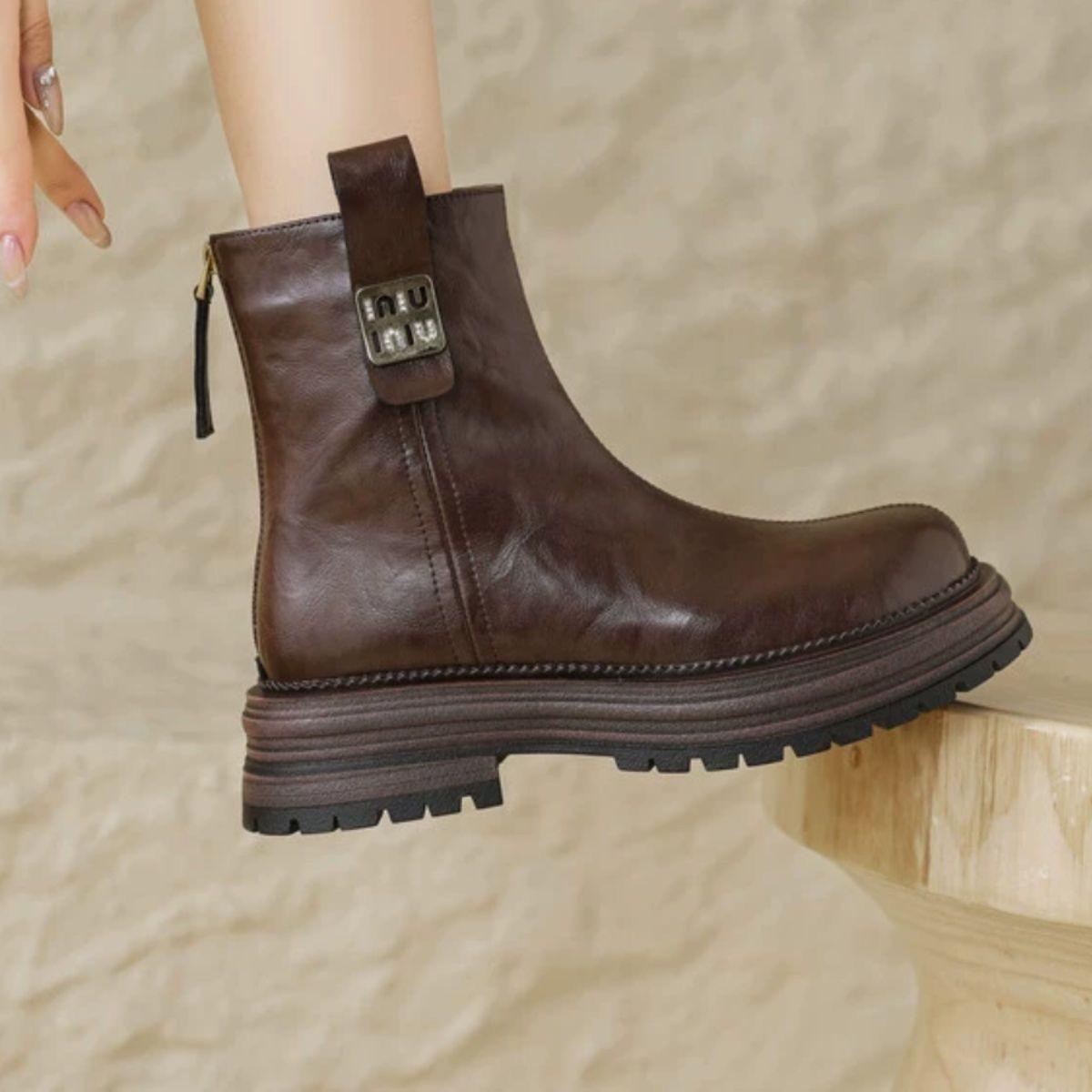 

Winter Women s Leather Thick Sole Platform Flats Ankle Snow Boots Wool Inside Casual Short Booties 40