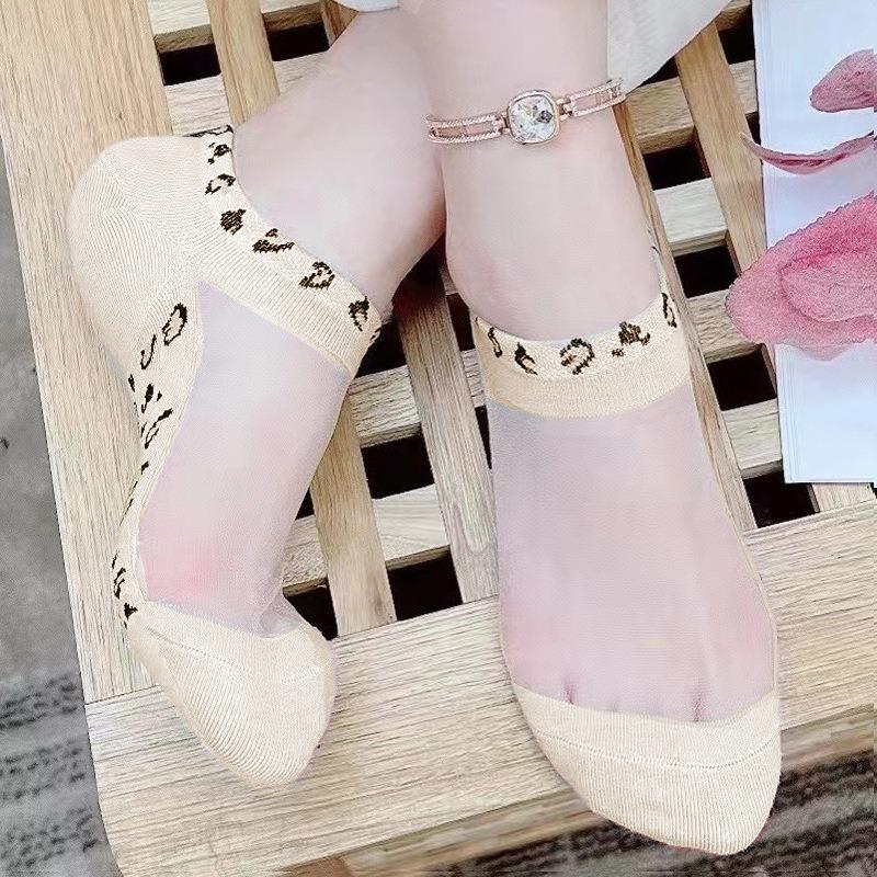5 Pairs/set Women Slass Filament Fiber Spring and Summer Thin Transparent Leopard Socks Polyester Sock Lace Socks