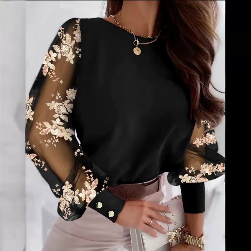 Herbst Rundhals Blütenblattärmel Bluse - Damen Langarm Mode Oberteil